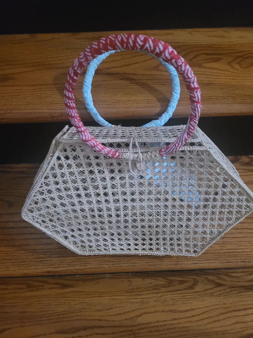 Woven Straw Tote with Blue Scarf Accent